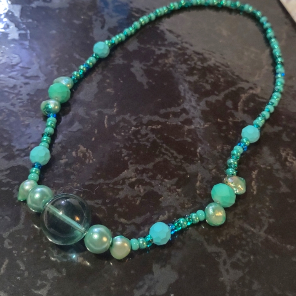 Metal Free Genuine Pearl and Gemstone Beaded Necklace Blue Green Aqua